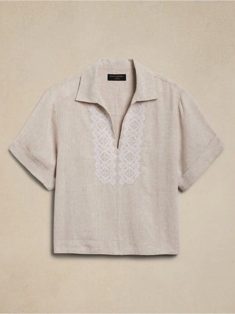 Banana Republic Embroidered Light Beige Linen-Blend Top